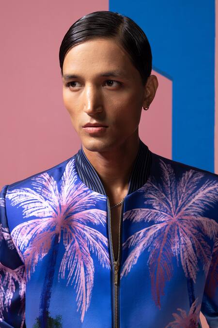 Shop_Nautanky_Blue Satin Royal Bomber Jacket And Pant Set _Online_at_Aza_Fashions