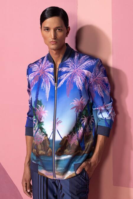 Nautanky_Blue Satin Royal Bomber Jacket And Pant Set _at_Aza_Fashions