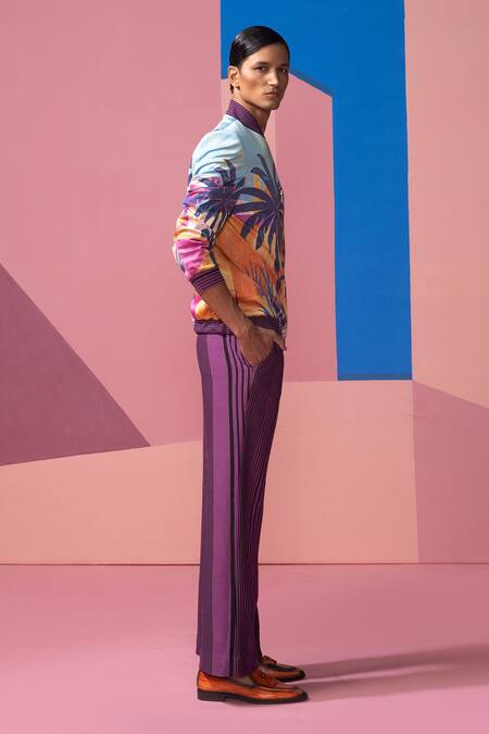 Nautanky Purple Satin Sunlight In The Desert Bomber Jacket Set Online at Aza Fashions Nautanky_Purple Satin Sunlight In The Desert Bomber Jacket Set _Online_at_Aza_Fashions