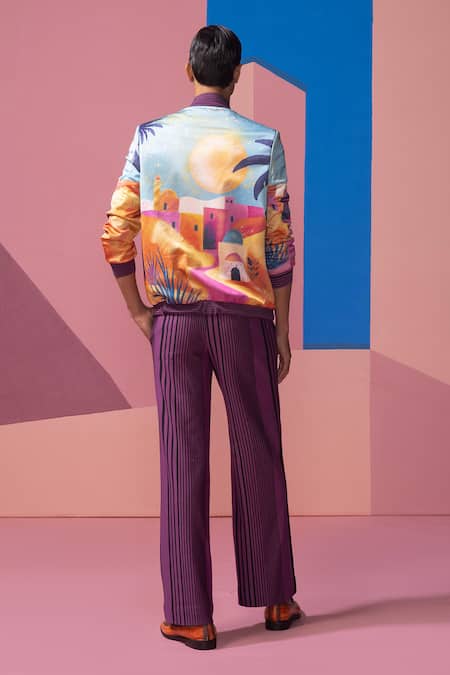 Shop Nautanky Purple Satin Sunlight In The Desert Bomber Jacket Set at Aza Fashions Shop_Nautanky_Purple Satin Sunlight In The Desert Bomber Jacket Set _at_Aza_Fashions