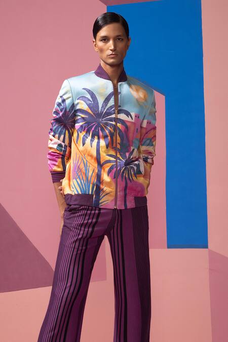 Shop Nautanky Purple Satin Sunlight In The Desert Bomber Jacket Set Online at Aza Fashions Shop_Nautanky_Purple Satin Sunlight In The Desert Bomber Jacket Set _Online_at_Aza_Fashions