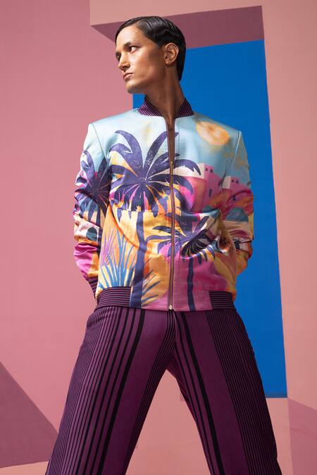 Nautanky Purple Satin Sunlight In The Desert Bomber Jacket Set at Aza Fashions Nautanky_Purple Satin Sunlight In The Desert Bomber Jacket Set _at_Aza_Fashions