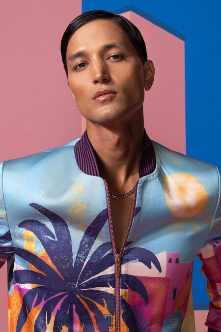 Buy Nautanky Purple Satin Sunlight In The Desert Bomber Jacket Set Buy_Nautanky_Purple Satin Sunlight In The Desert Bomber Jacket Set