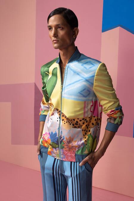 Shop Nautanky Multi Color Satin Bomber Jacket And Pant Set Online at Aza Fashions Shop_Nautanky_Multi Color Satin Bomber Jacket And Pant Set _Online_at_Aza_Fashions