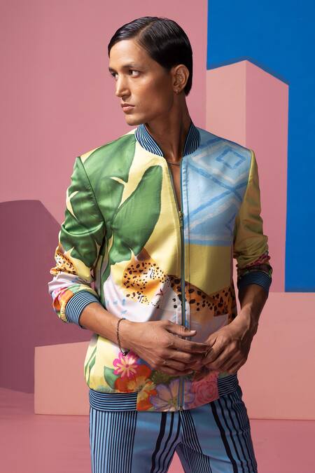 Nautanky Multi Color Satin Bomber Jacket And Pant Set at Aza Fashions Nautanky_Multi Color Satin Bomber Jacket And Pant Set _at_Aza_Fashions