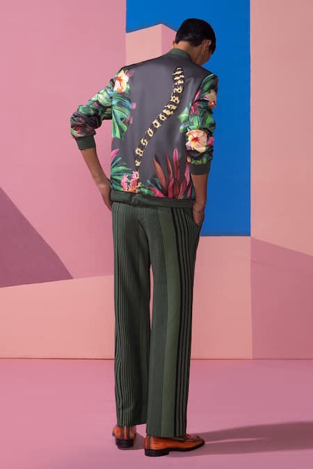 Shop_Nautanky_Multi Color Satin Embroidery Floral Print Bomber Jacket And Pant Set _at_Aza_Fashions