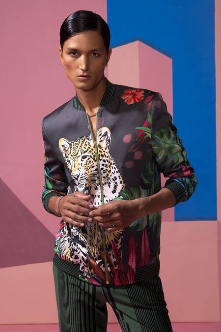 Nautanky_Multi Color Satin Embroidery Floral Print Bomber Jacket And Pant Set _at_Aza_Fashions