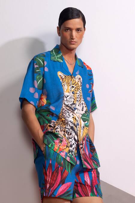 Nautanky_Blue Cotton, Linen Mediterranean Shirt And Shorts Set _at_Aza_Fashions