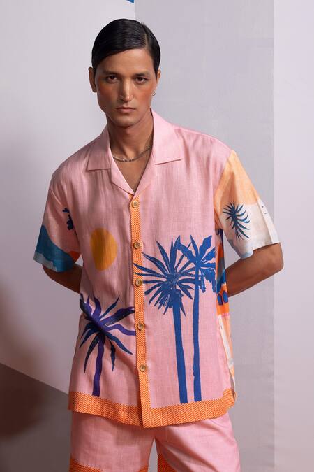 Nautanky_Pink Cotton, Linen Cosmic Scape Shirt And Shorts Set _Online_at_Aza_Fashions