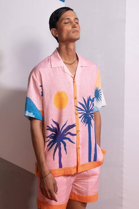 Buy_Nautanky_Pink Cotton, Linen Cosmic Scape Shirt And Shorts Set _Online_at_Aza_Fashions