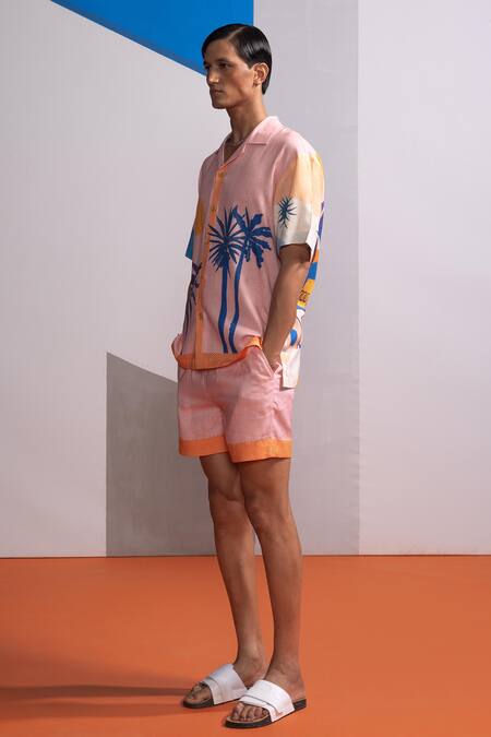 Shop_Nautanky_Pink Cotton, Linen Cosmic Scape Shirt And Shorts Set _Online_at_Aza_Fashions