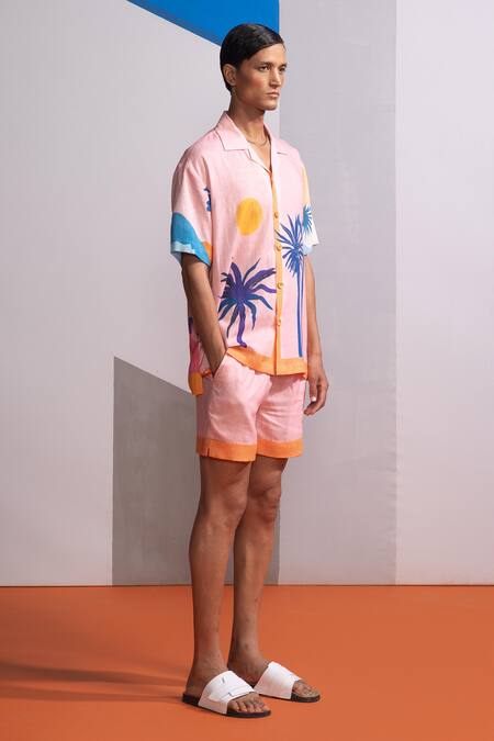 Nautanky_Pink Cotton, Linen Cosmic Scape Shirt And Shorts Set _at_Aza_Fashions
