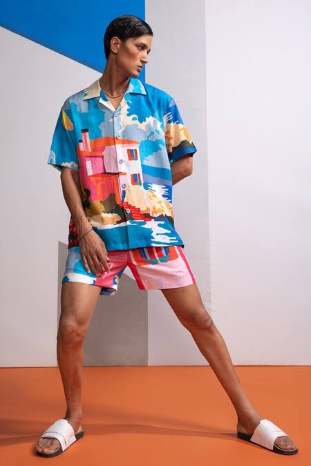 Nautanky Multi Color Cotton, Linen Beach House Shirt And Shorts Set Online at Aza Fashions Nautanky_Multi Color Cotton, Linen Beach House Shirt And Shorts Set _Online_at_Aza_Fashions