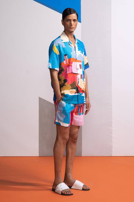 Buy Nautanky Multi Color Cotton, Linen Beach House Shirt And Shorts Set Online at Aza Fashions Buy_Nautanky_Multi Color Cotton, Linen Beach House Shirt And Shorts Set _Online_at_Aza_Fashions