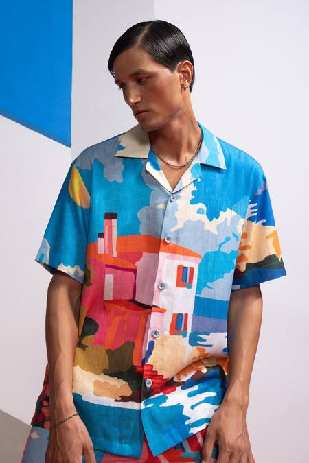 Shop Nautanky Multi Color Cotton, Linen Beach House Shirt And Shorts Set Online at Aza Fashions Shop_Nautanky_Multi Color Cotton, Linen Beach House Shirt And Shorts Set _Online_at_Aza_Fashions