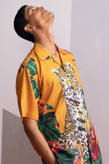 Nautanky_Mustard Cotton, Linen Feral Flora Shirt And Shorts Set _Online_at_Aza_Fashions