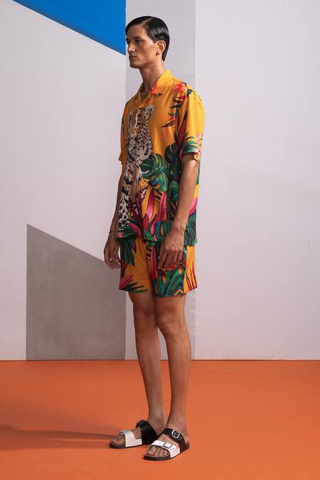 Shop_Nautanky_Mustard Cotton, Linen Feral Flora Shirt And Shorts Set _Online_at_Aza_Fashions