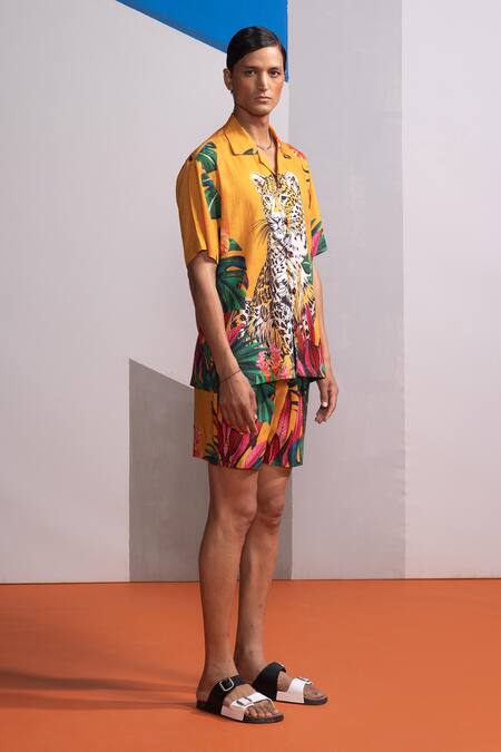 Nautanky_Mustard Cotton, Linen Feral Flora Shirt And Shorts Set _at_Aza_Fashions