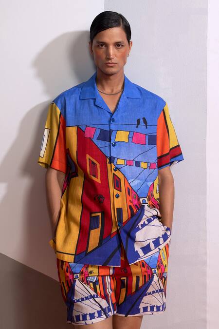 Nautanky Multi Color Cotton, Linen China Town Shirt With Shorts Online at Aza Fashions Nautanky_Multi Color Cotton, Linen China Town Shirt With Shorts _Online_at_Aza_Fashions
