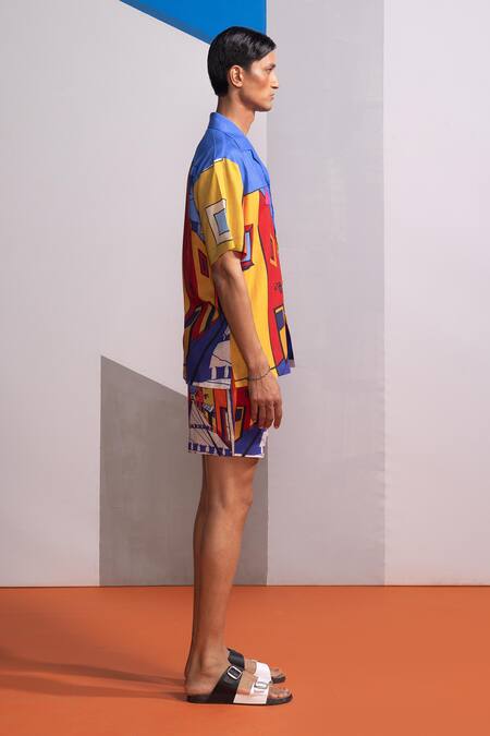 Shop Nautanky Multi Color Cotton, Linen China Town Shirt With Shorts Online at Aza Fashions Shop_Nautanky_Multi Color Cotton, Linen China Town Shirt With Shorts _Online_at_Aza_Fashions