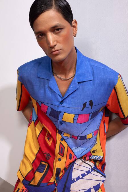 Nautanky Multi Color Cotton, Linen China Town Shirt With Shorts at Aza Fashions Nautanky_Multi Color Cotton, Linen China Town Shirt With Shorts _at_Aza_Fashions