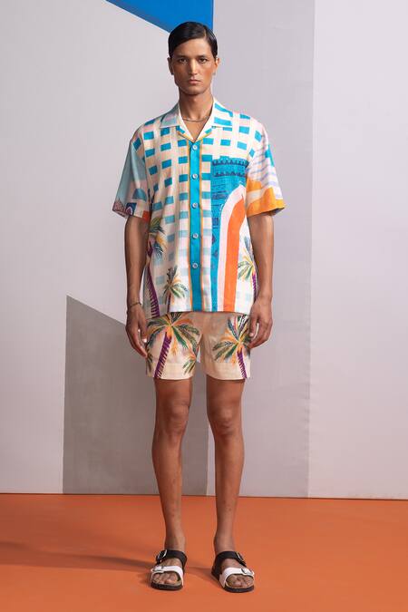 Shop_Nautanky_Beige Cotton, Linen Dome Gateway Shirt And Shorts Set _Online_at_Aza_Fashions