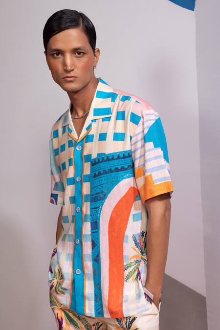 Nautanky_Beige Cotton, Linen Dome Gateway Shirt And Shorts Set _at_Aza_Fashions