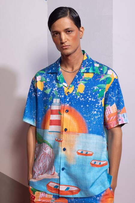 Nautanky_Blue Cotton, Linen Lemons And Boats Shirt With Shorts Set _Online_at_Aza_Fashions