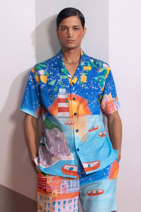 Buy_Nautanky_Blue Cotton, Linen Lemons And Boats Shirt With Shorts Set _Online_at_Aza_Fashions