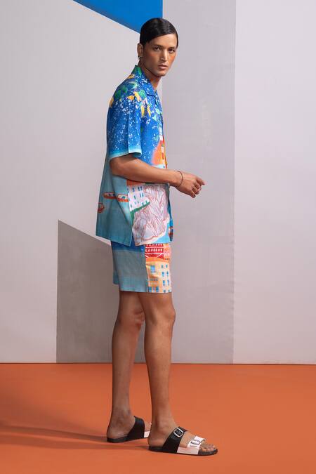 Shop_Nautanky_Blue Cotton, Linen Lemons And Boats Shirt With Shorts Set _Online_at_Aza_Fashions