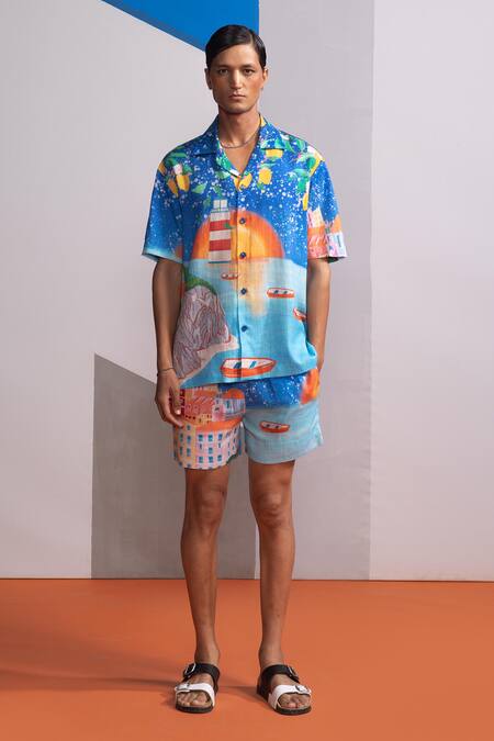 Nautanky_Blue Cotton, Linen Lemons And Boats Shirt With Shorts Set _at_Aza_Fashions