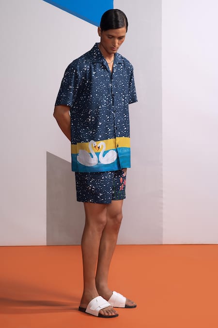 Buy_Nautanky_Navy Cotton, Linen Night Swan Shirt And Shorts Set _Online_at_Aza_Fashions