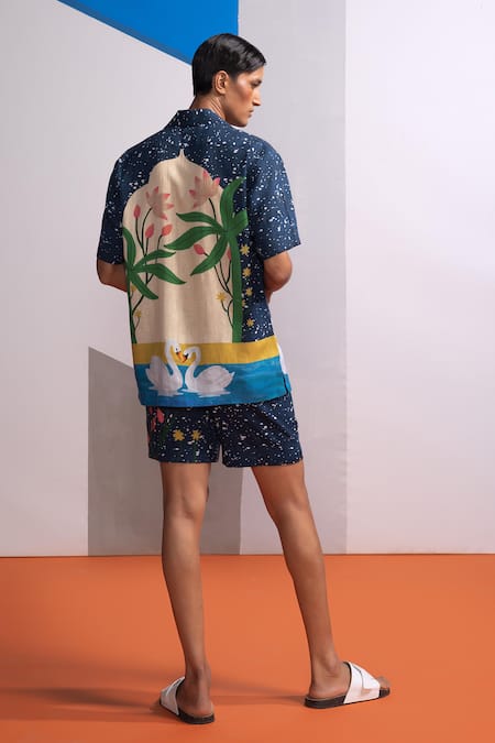 Shop_Nautanky_Navy Cotton, Linen Night Swan Shirt And Shorts Set _at_Aza_Fashions