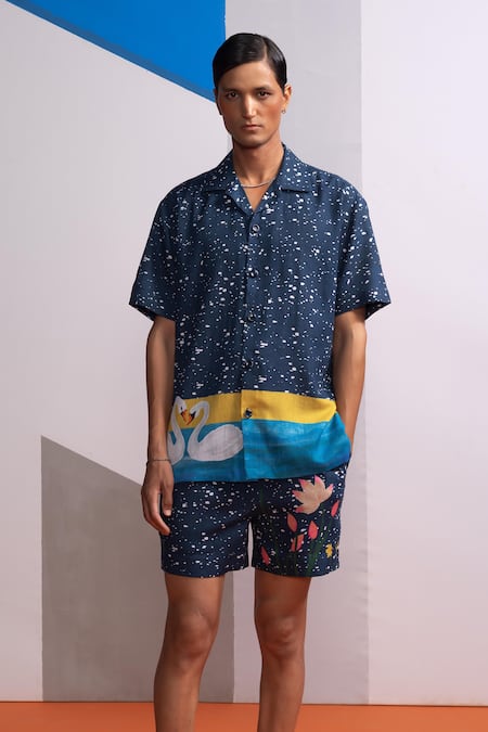 Shop_Nautanky_Navy Cotton, Linen Night Swan Shirt And Shorts Set _Online_at_Aza_Fashions