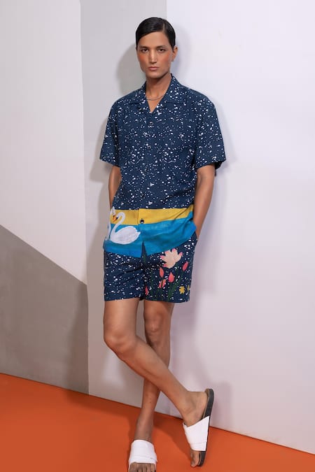 Nautanky Navy Cotton, Linen Night Swan Shirt And Shorts Set 