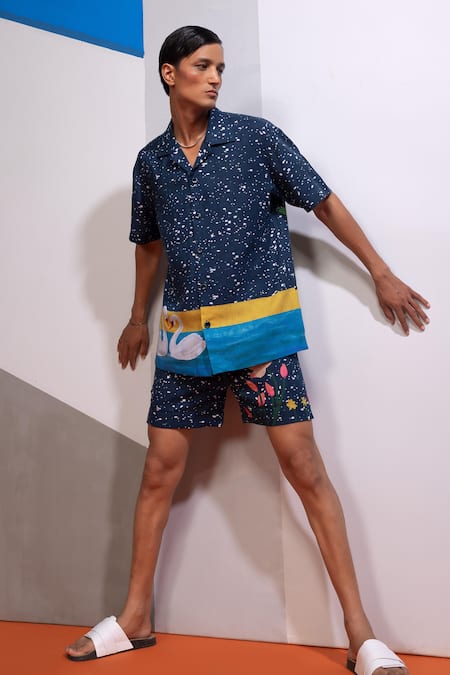 Nautanky_Navy Cotton, Linen Night Swan Shirt And Shorts Set _at_Aza_Fashions