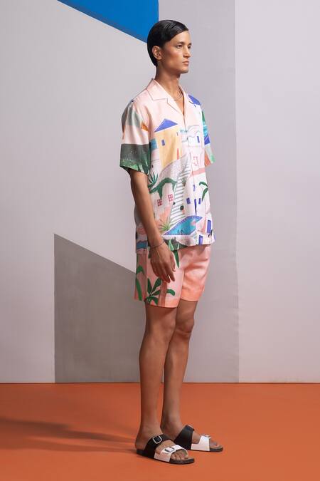 Nautanky_Peach Cotton, Linen Island Shirt And Shorts Set _Online_at_Aza_Fashions