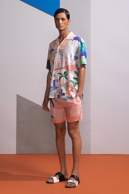 Buy_Nautanky_Peach Cotton, Linen Island Shirt And Shorts Set _Online_at_Aza_Fashions