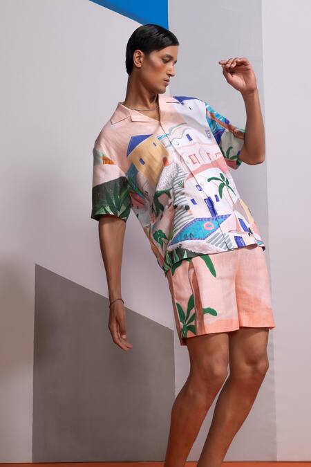 Shop_Nautanky_Peach Cotton, Linen Island Shirt And Shorts Set _Online_at_Aza_Fashions