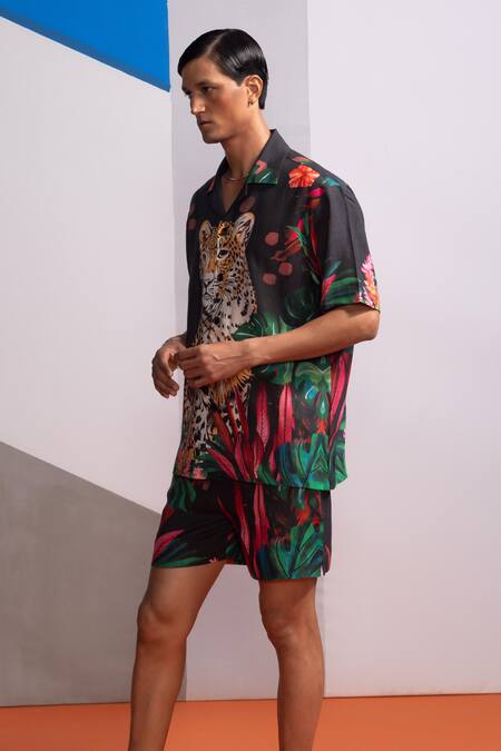 Nautanky_Multi Color Cotton, Linen Charcoal Feral Flora Shirt And Shorts Set _Online_at_Aza_Fashions