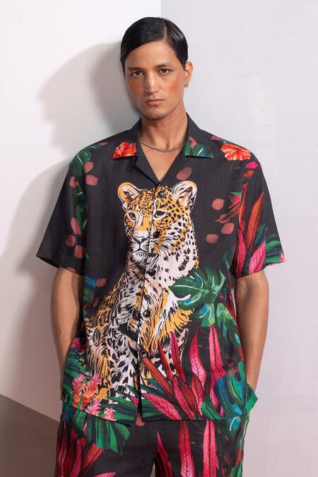 Shop_Nautanky_Multi Color Cotton, Linen Charcoal Feral Flora Shirt And Shorts Set _Online_at_Aza_Fashions