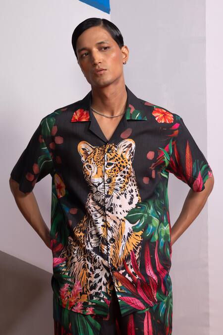 Nautanky_Multi Color Cotton, Linen Charcoal Feral Flora Shirt And Shorts Set _at_Aza_Fashions