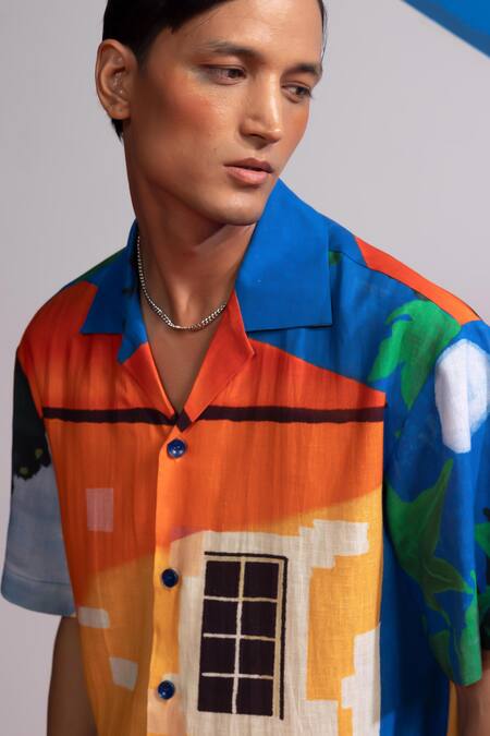 Nautanky Multi Color Cotton, Linen House Print Shirt And Shorts Set Online at Aza Fashions Nautanky_Multi Color Cotton, Linen House Print Shirt And Shorts Set _Online_at_Aza_Fashions