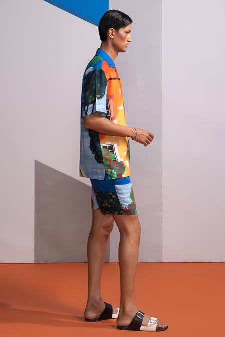 Shop Nautanky Multi Color Cotton, Linen House Print Shirt And Shorts Set Online at Aza Fashions Shop_Nautanky_Multi Color Cotton, Linen House Print Shirt And Shorts Set _Online_at_Aza_Fashions