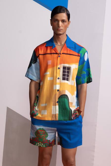 Nautanky Multi Color Cotton, Linen House Print Shirt And Shorts Set at Aza Fashions Nautanky_Multi Color Cotton, Linen House Print Shirt And Shorts Set _at_Aza_Fashions