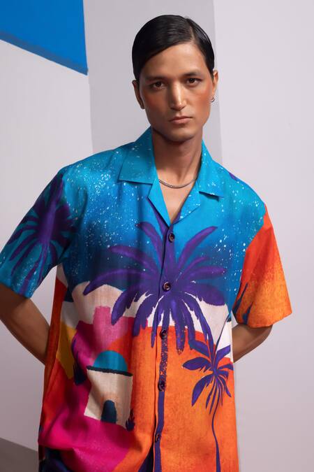 Shop Nautanky Multi Color Cotton, Linen Moonkissed Tropics Shirt And Shorts Set Online at Aza Fashions Shop_Nautanky_Multi Color Cotton, Linen Moonkissed Tropics Shirt And Shorts Set _Online_at_Aza_Fashions