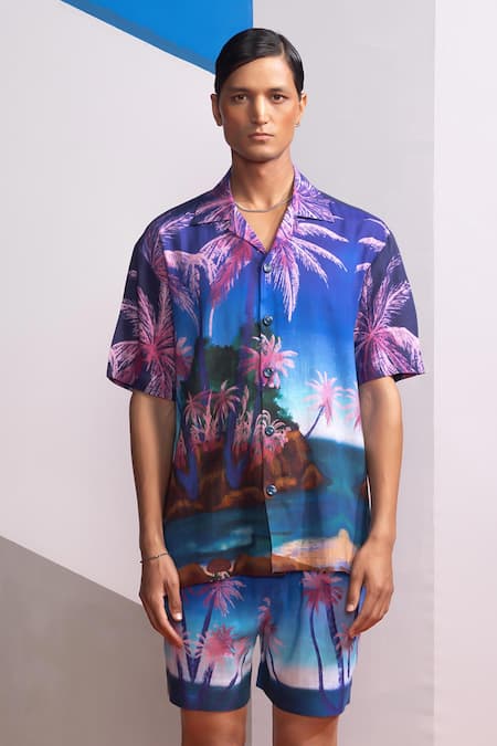 Nautanky Blue Cotton, Linen Seafoam Stardust Shirt And Shorts Set Online at Aza Fashions Nautanky_Blue Cotton, Linen Seafoam Stardust Shirt And Shorts Set _Online_at_Aza_Fashions