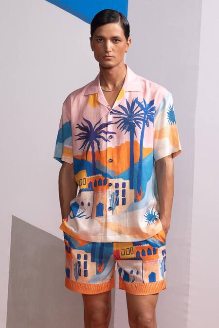 Buy_Nautanky_Pink Cotton, Linen Cosmic City Printed Shirt And Shorts Set _Online_at_Aza_Fashions