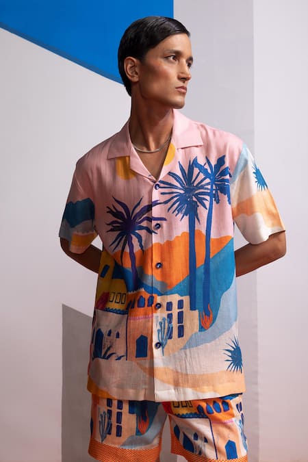 Shop_Nautanky_Pink Cotton, Linen Cosmic City Printed Shirt And Shorts Set _Online_at_Aza_Fashions