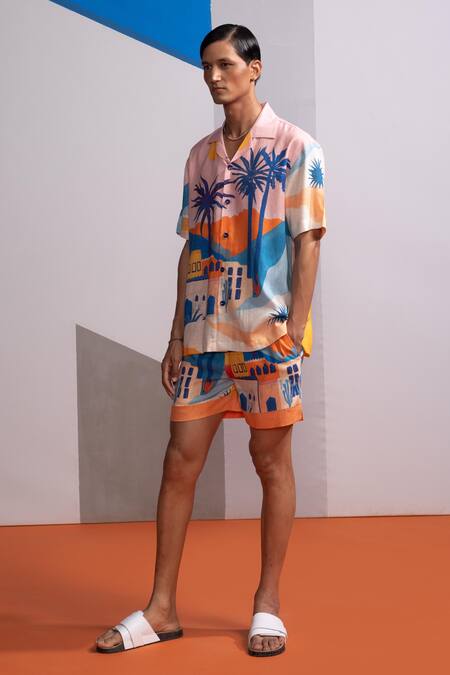 Nautanky_Pink Cotton, Linen Cosmic City Printed Shirt And Shorts Set _at_Aza_Fashions